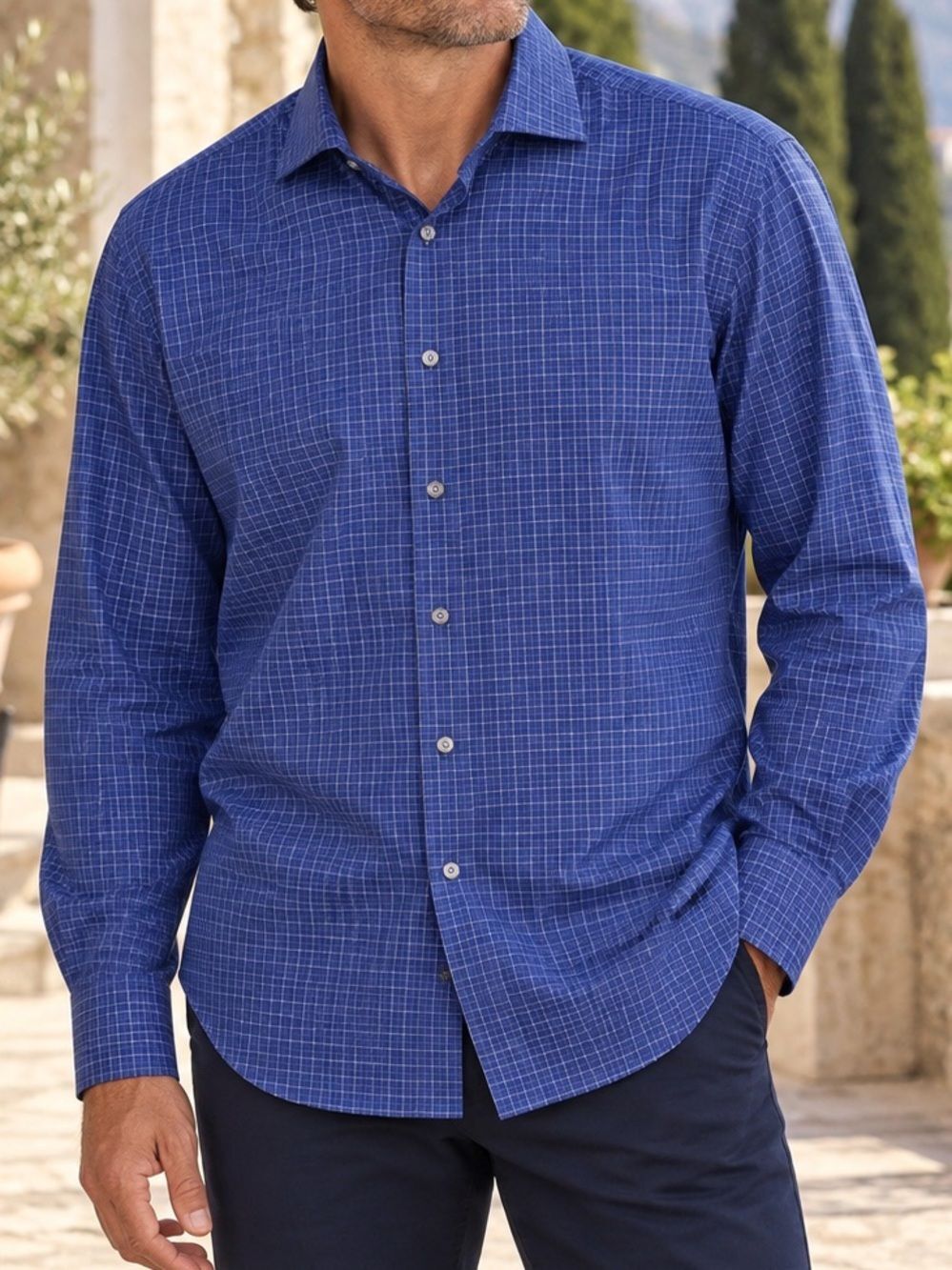 Luciano Barbera Blue White Plaid Button Down Men’s Sz. L